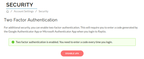 image of the 2FA activated screen